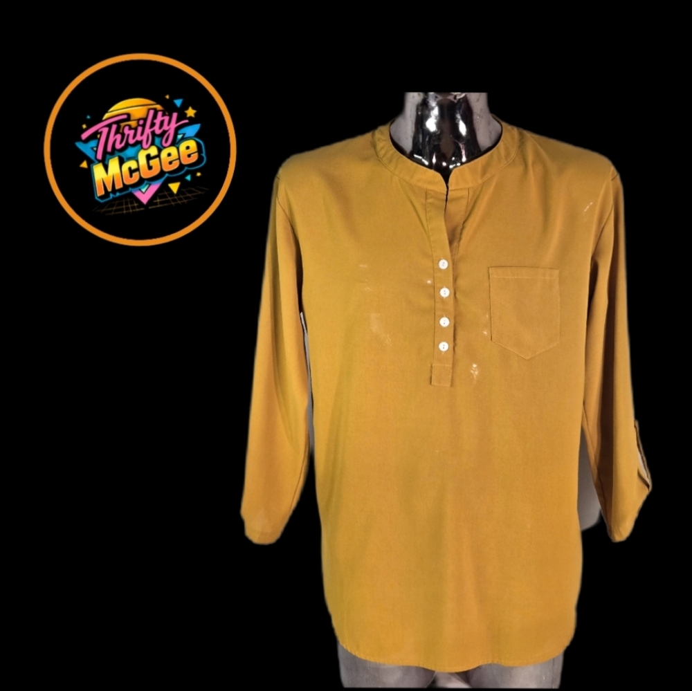 Mustard Yellow Mandarin Collar Blouse Misslook Size M Button Front 3/4 Sleeve